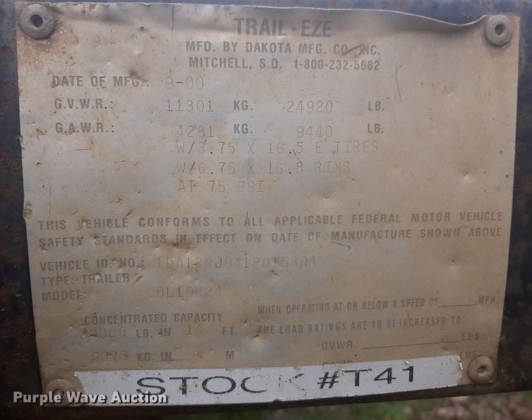 image for item DP2712 2001 Dakota MFG Trail-Eze DL10R24 equipment trailer