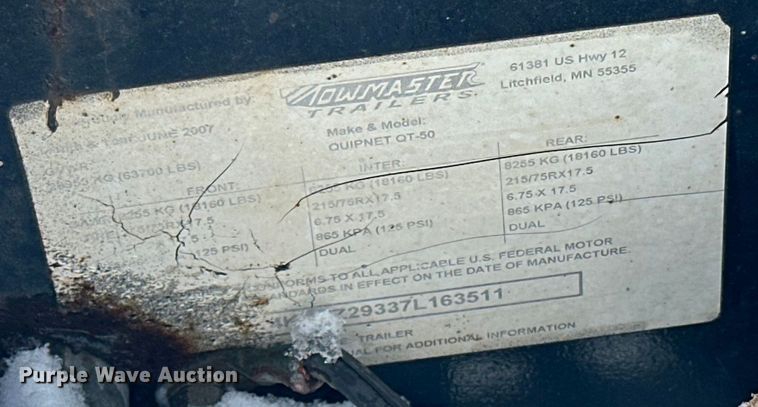 image for item DQ0621 2007 Towmaster T50 equipment trailer