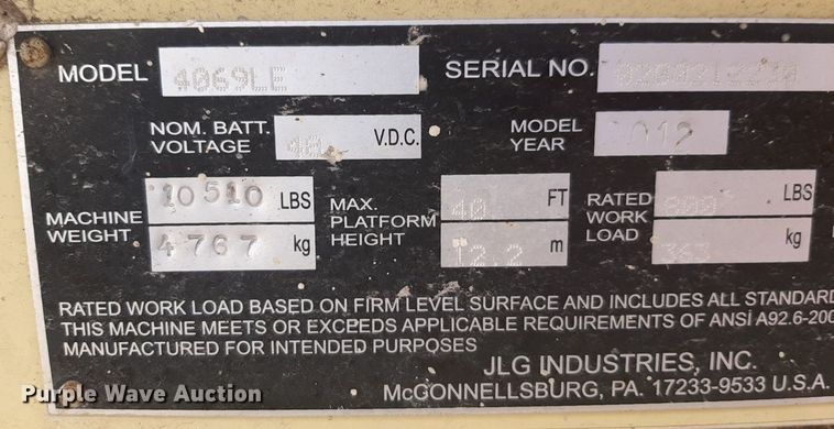 image for item DQ6977 2012 JLG 4069LE  scissor lift