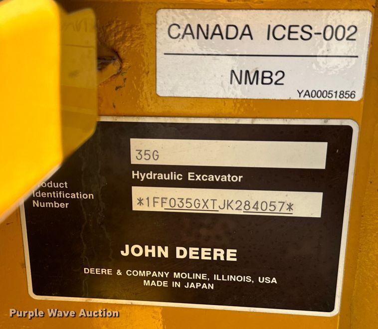 image for item EH3855 2019 John Deere 35G mini excavator