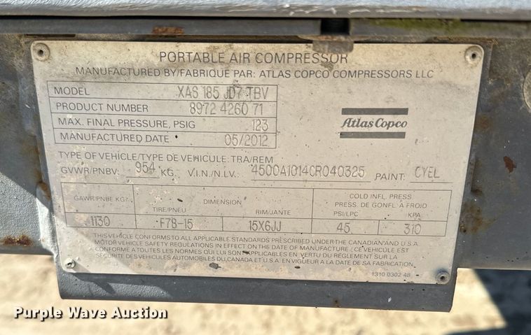 image for item EH5424 2012 Atlas Copco  XAS185 JD7TBV air compressor