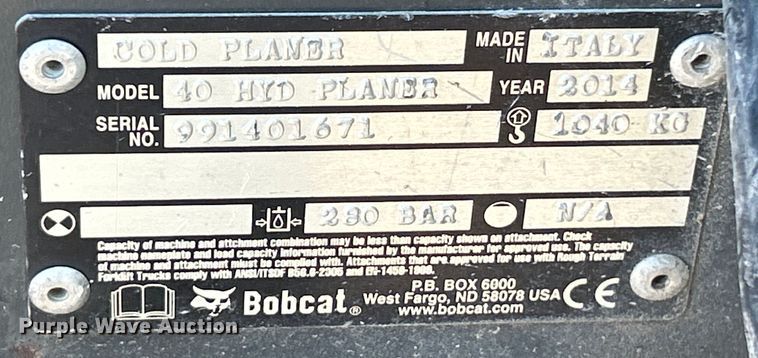 image for item EK4405 2014 Bobcat 40 HYD PLANER skid steer cold planer