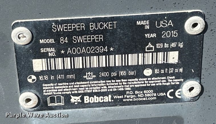 image for item EK4408 2015 Bobcat 84 Sweeper skid steer sweeper