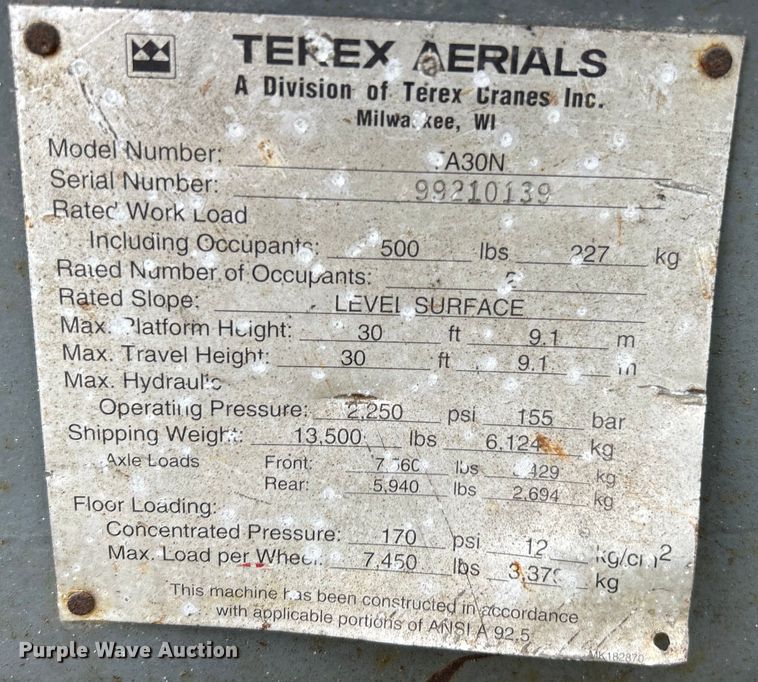image for item EK4436 1999 Terex TA30N boom lift