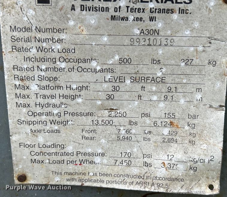 image for item EK4436 1999 Terex TA30N boom lift