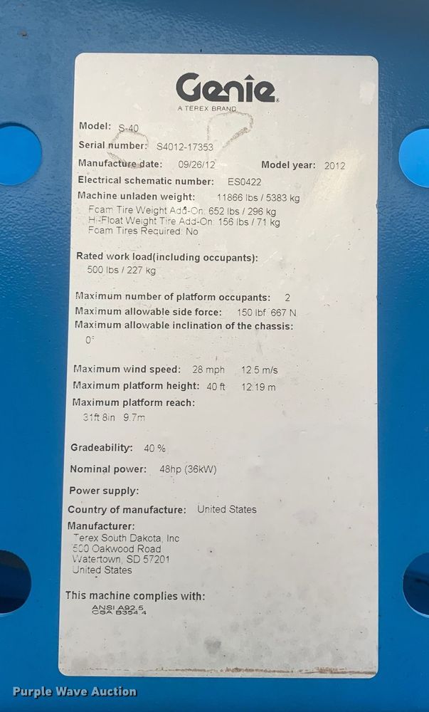 image for item KX9974 2012 Genie S40 boom lift