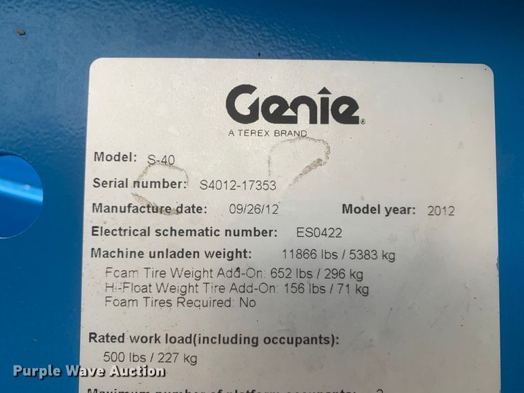 image for item KX9974 2012 Genie S40 boom lift