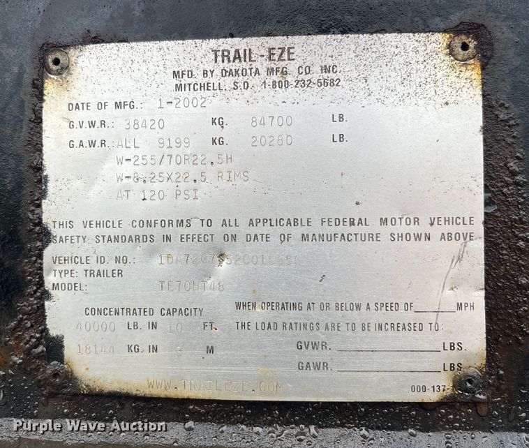 image for item LD9379 2002 Dakota Trail-Eze TE70HT48 drop deck equipment trailer