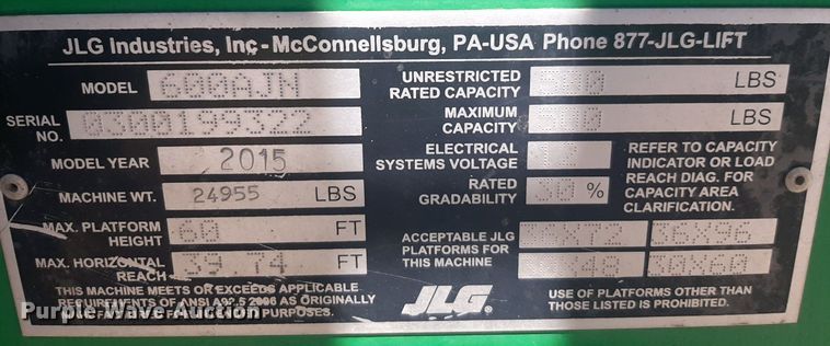 image for item NV9096 2015 JLG 600AJN boom lift