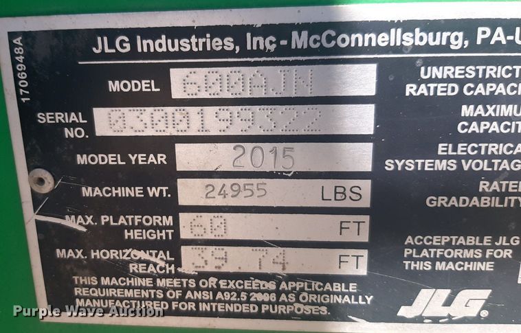 image for item NV9096 2015 JLG 600AJN boom lift