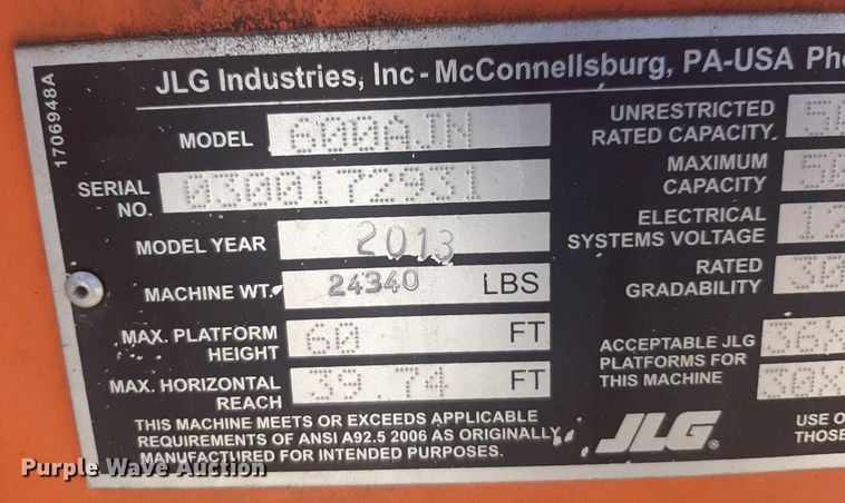 image for item NV9097 2013 JLG 600AJN boom lift