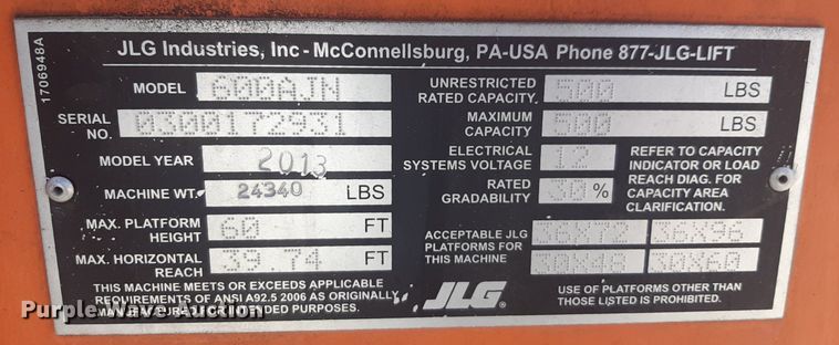 image for item NV9097 2013 JLG 600AJN boom lift