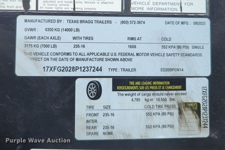 image for item NZ9631 2023 Texas Bragg equipment trailer