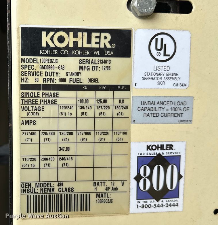 image for item OM9946 Kohler  100RE0ZJC  generator