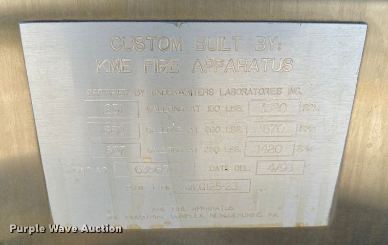 image for item DK6555 1993 KME Renegade pumper fire truck