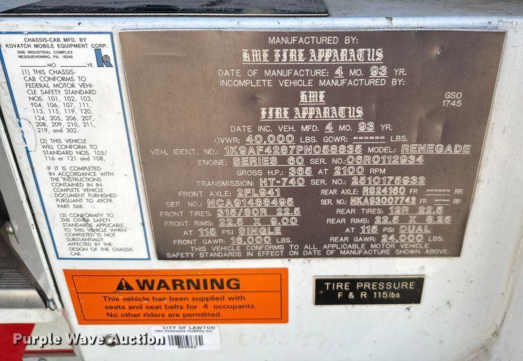 image for item DK6555 1993 KME Renegade pumper fire truck