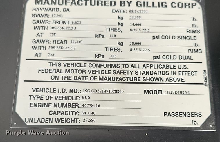 image for item DM1614 2007 Gillig  G27D102N4 transit bus