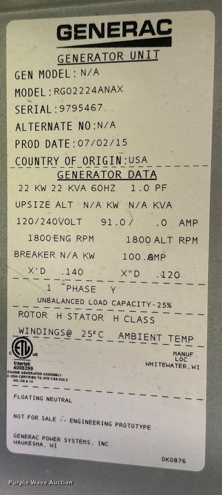 image for item DN7686 Generac RG02224ANAX generator