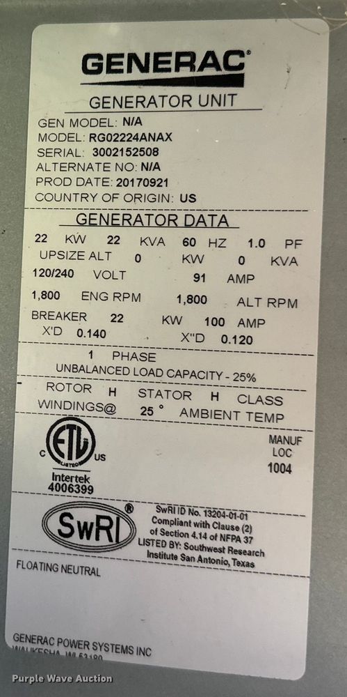 image for item DN7687 Generac RGO2224ANAX generator