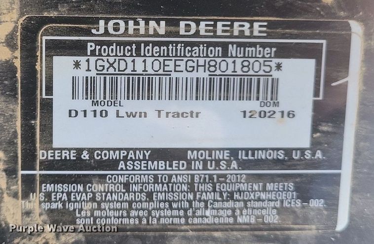 image for item DO4911 2016 John Deere D110 lawn mower