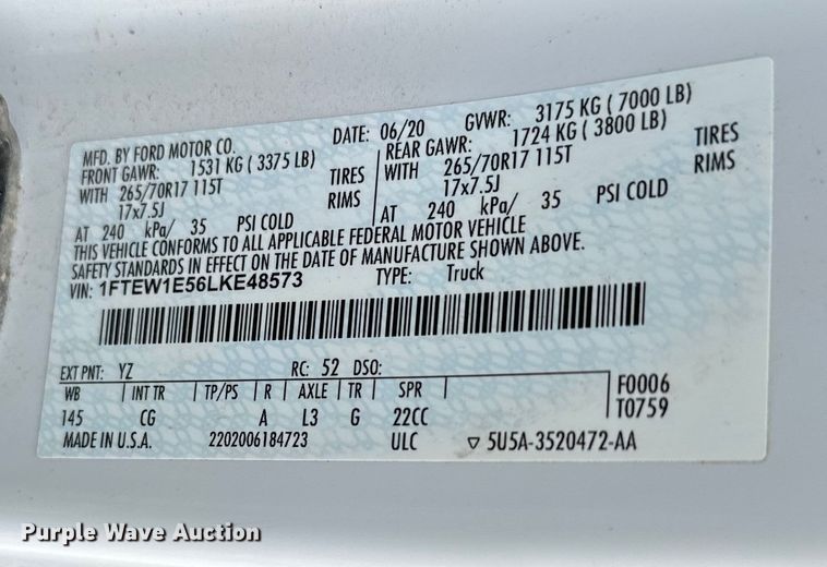 image for item EJ0402 2020 Ford  F150 SuperCrew pickup truck