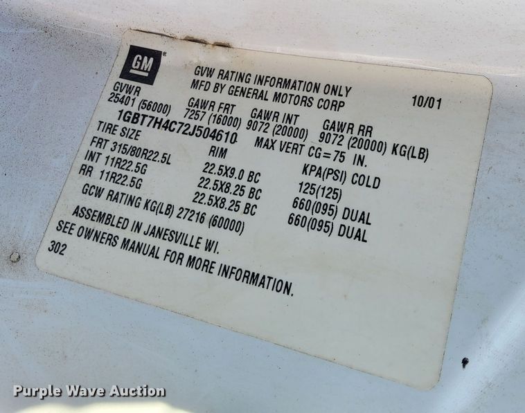 image for item EJ6309 2002 Chevrolet C8500 dump truck