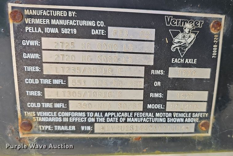 image for item EJ6312 2002 Vermeer  BC1400 wood chipper