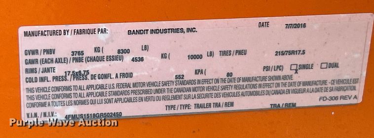 image for item EK4476 2016 Bandit  Intimidator 1390XP wood chipper