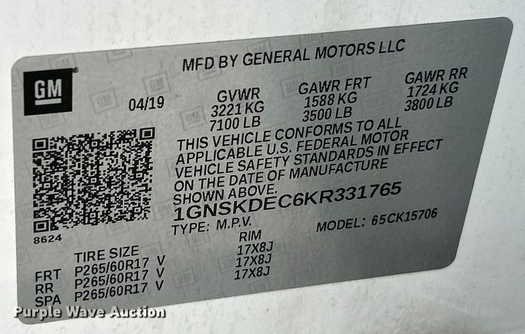 image for item EK4482 2019 Chevrolet Tahoe Police SUV