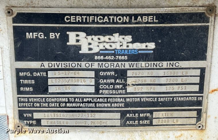 image for item EK4487 2004 Brooks Brothers 0W-7.2KBC-E equipment trailer