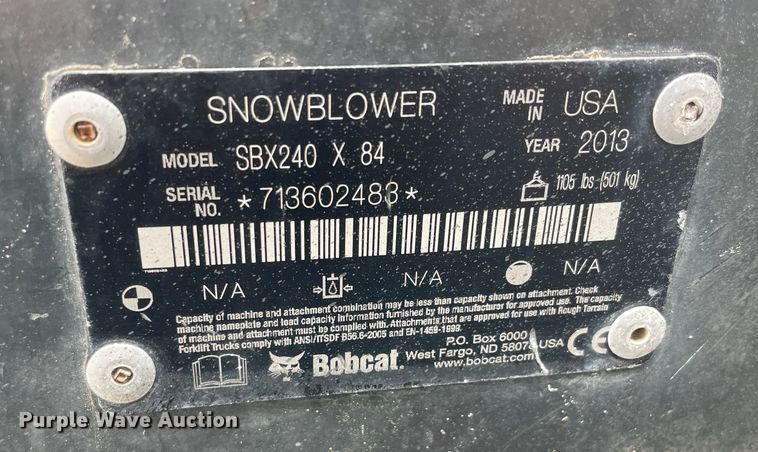 image for item GP9640 2013 Bobcat SBX 240 skid steer snow blower