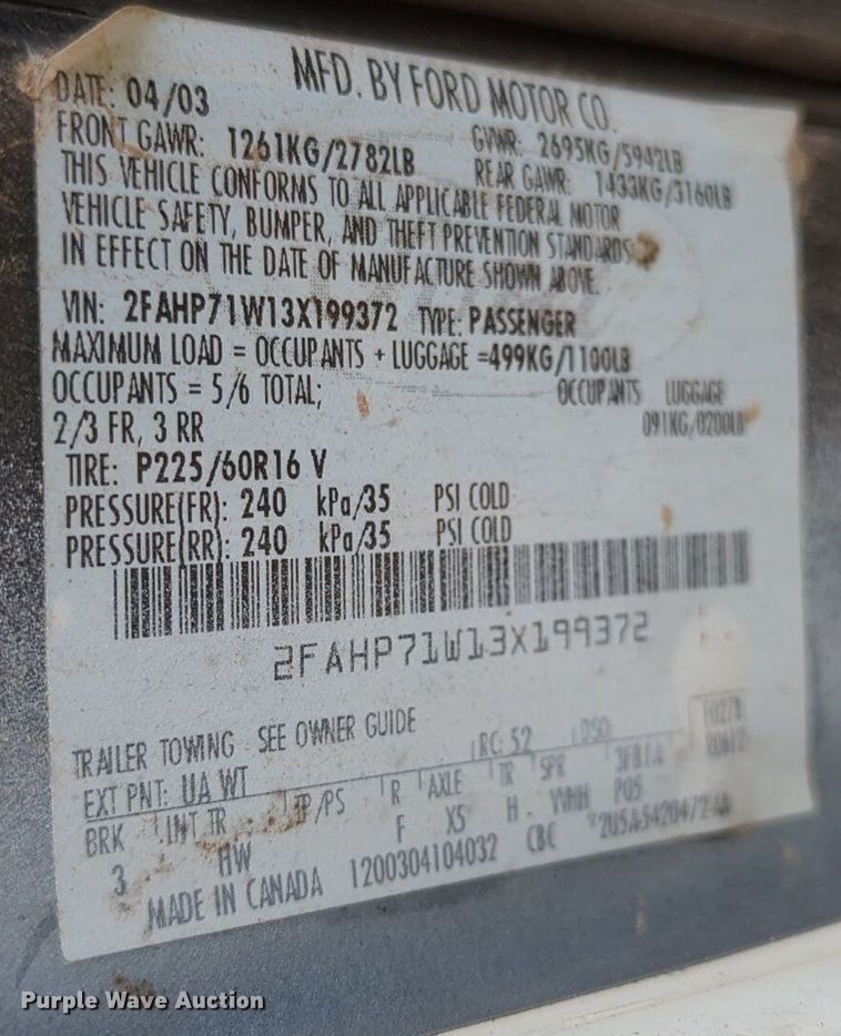 image for item NZ9626 2003 Ford Crown Victoria Police Interceptor  