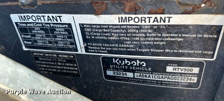 image for item OE9061 2010 Kubota RTV 500 utility vehicle