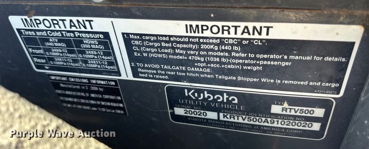 image for item OE9062 2009 Kubota RTV 500 utility vehicle
