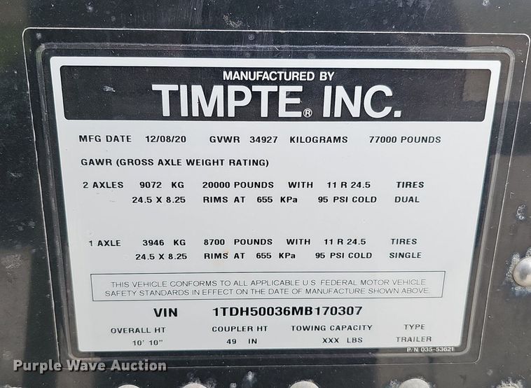 image for item DQ8688 2021 Timpte Super Hopper grain trailer