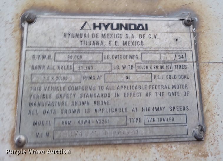 image for item DP1435 1994 Hyundai  HDM-48WH-V3261 dry van trailer
