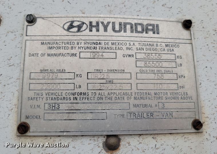 image for item DP1435 1994 Hyundai  HDM-48WH-V3261 dry van trailer