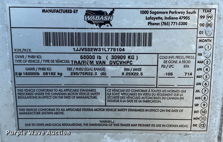 image for item EK4460 2001 Wabash dry van trailer