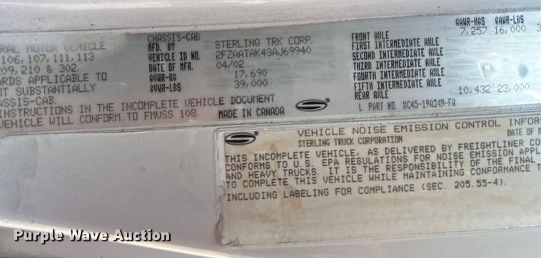 image for item NT9126 2003 Sterling L-Line sewer jetter truck