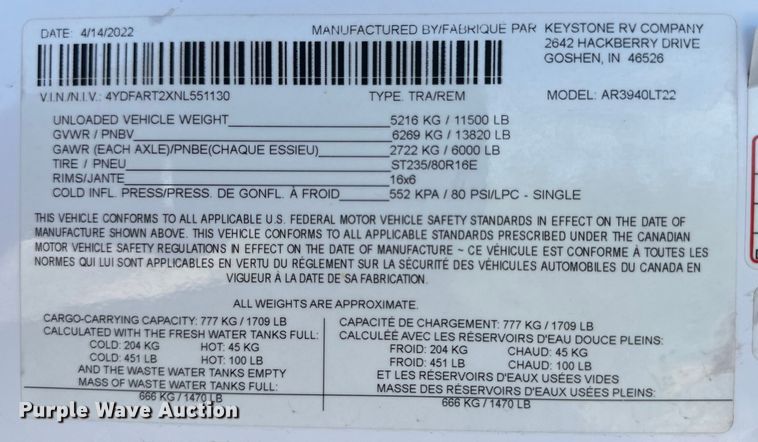 image for item DG4413 2022 Keystone Arcadia camper