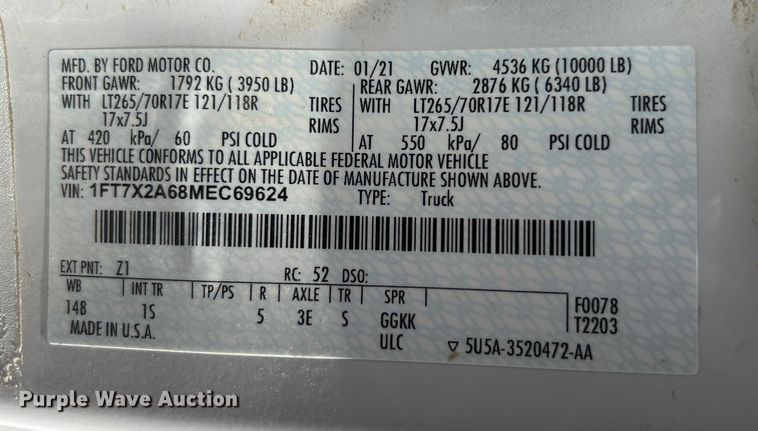 image for item DO1091 2021 Ford F250 Super Duty XL SuperCab pickup truck