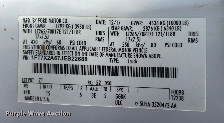 image for item DO1095 2018 Ford F250 Super Duty XL SuperCab pickup truck