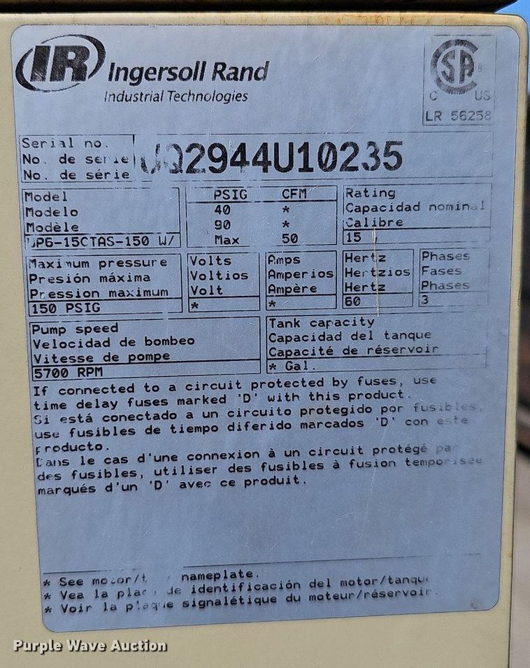 image for item DP0848 2010 Ingersoll Rand UP6-15CTAS-150 W/ air compressor
