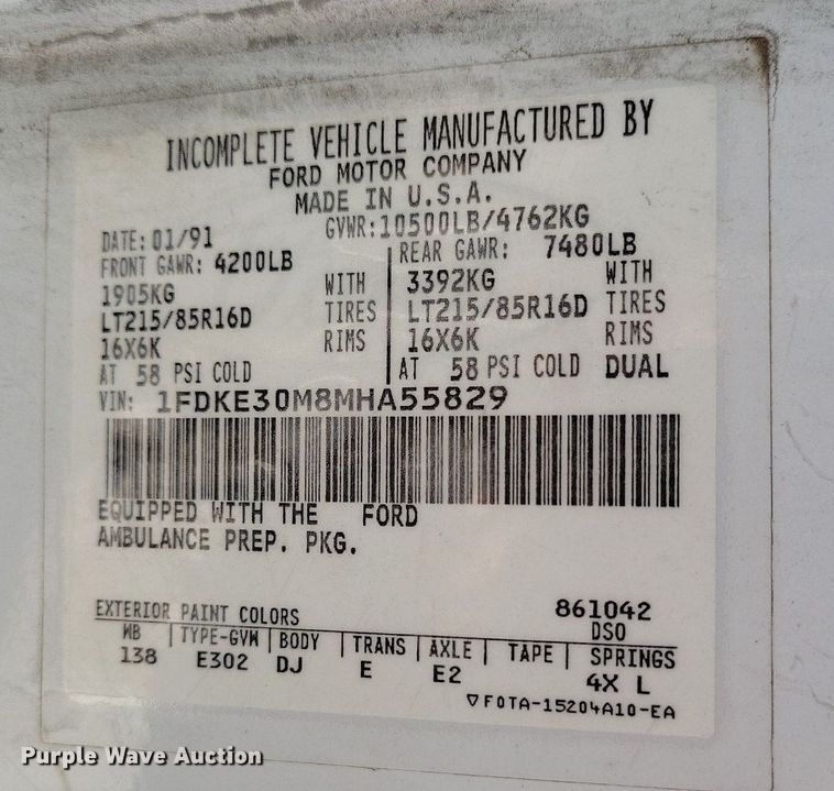 image for item DP1418 1991 Ford E350 ambulance