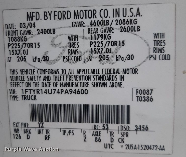 image for item DQ7025 2004 Ford  Ranger SuperCab pickup truck