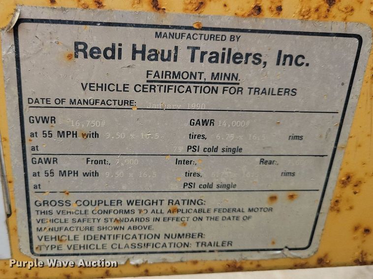 image for item DR4290 1990 Redi Haul SL1427 equipment trailer