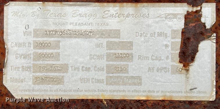 image for item DS2961 1994 Texas Bragg Enterprises 31+5TDGN equipment trailer