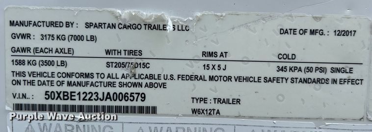 image for item EG1406 2018 Spartan Cargo Trailers, LLC W6X12TA enclosed cargo trailer