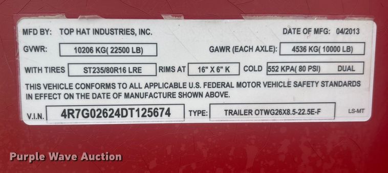 image for item EG1433 2013 Top Hat Industries, Inc. OTWG26X8.5-22.5E-F equipment trailer