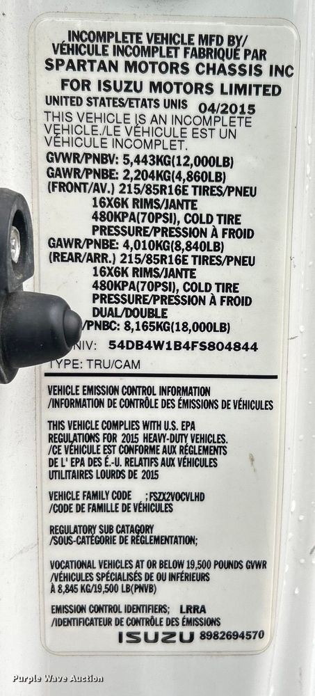 image for item EG1500 2015 Isuzu  NPR box truck